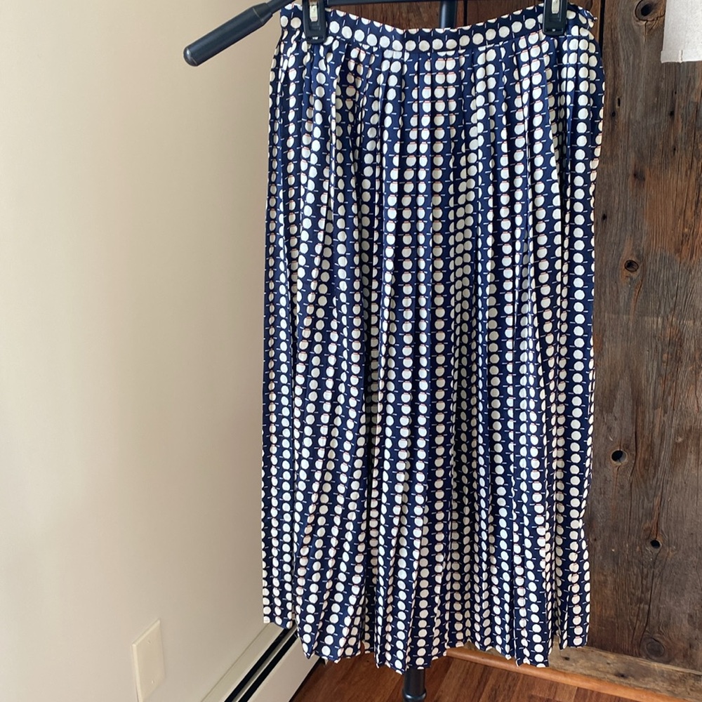 Frnch pleated maxi skirt, Sz M women’s polkadot, abstract, blue cream rust